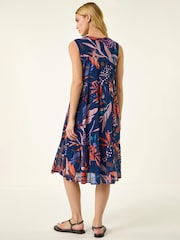 Roman Blue Leaf Print V-Neck Tiered Dress - Image 3 of 5