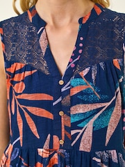 Roman Blue Leaf Print V-Neck Tiered Dress - Image 5 of 5