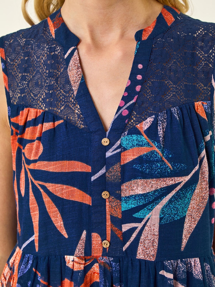 Roman Blue Leaf Print V-Neck Tiered Dress - Image 5 of 5