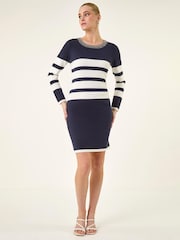 Roman Blue Jewel Trim Stripe Knitted Dress - Image 1 of 5