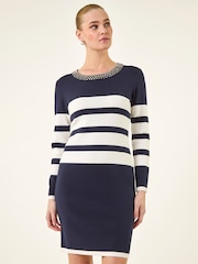 Roman Blue Jewel Trim Stripe Knitted Dress - Image 2 of 5