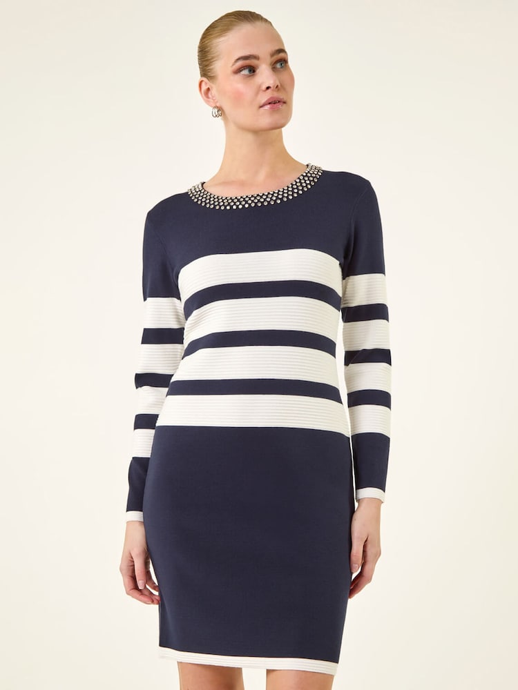 Roman Blue Jewel Trim Stripe Knitted Dress - Image 2 of 5