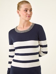 Roman Blue Jewel Trim Stripe Knitted Dress - Image 4 of 5