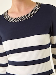 Roman Blue Jewel Trim Stripe Knitted Dress - Image 5 of 5