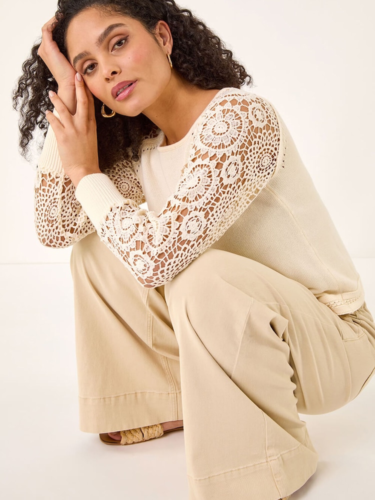 Roman White Crochet Sleeve Knit Jumper - Image 1 of 5