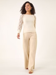 Roman White Crochet Sleeve Knit Jumper - Image 2 of 5