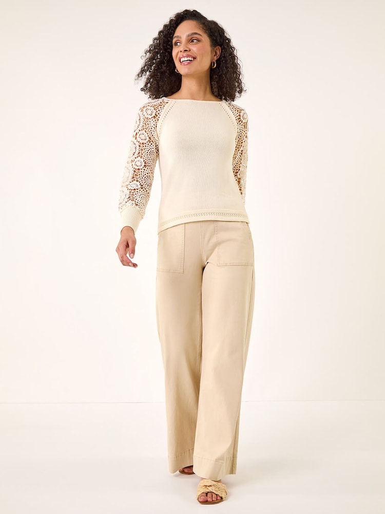 Roman White Crochet Sleeve Knit Jumper - Image 2 of 5