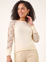 Roman White Crochet Sleeve Knit Jumper - Image 4 of 5