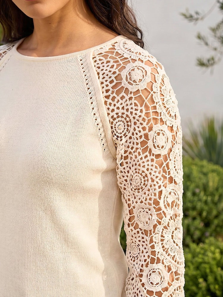 Roman White Crochet Sleeve Knit Jumper - Image 4 of 4 Roman White Crochet Sleeve Knit Jumper - Image 4 of 4
