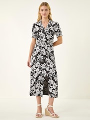 Roman Black Floral Shirred Collared Midi Dress - Image 1 of 5