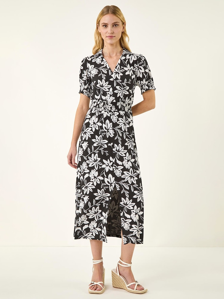 Roman Black Floral Shirred Collared Midi Dress - Image 1 of 5