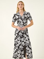 Roman Black Floral Shirred Collared Midi Dress - Image 2 of 5