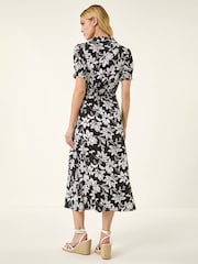 Roman Black Floral Shirred Collared Midi Dress - Image 3 of 5