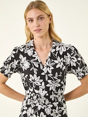 Roman Black Floral Shirred Collared Midi Dress - Image 4 of 5