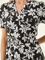 Roman Black Floral Shirred Collared Midi Dress - Image 5 of 5