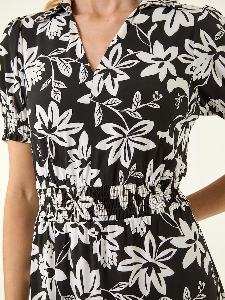 Roman Black Floral Shirred Collared Midi Dress - Image 5 of 5