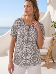 Roman Black Mono Printed Tie Neck Top - Image 1 of 5