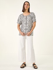 Roman Black Mono Printed Tie Neck Top - Image 2 of 5