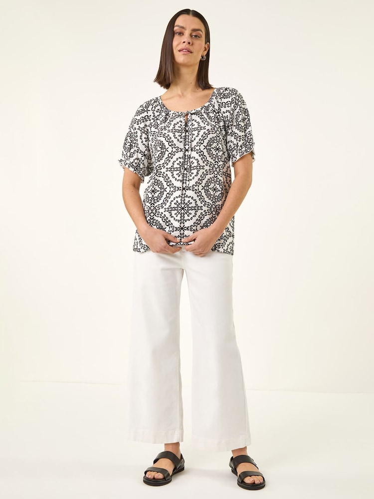 Roman Black Mono Printed Tie Neck Top - Image 2 of 5