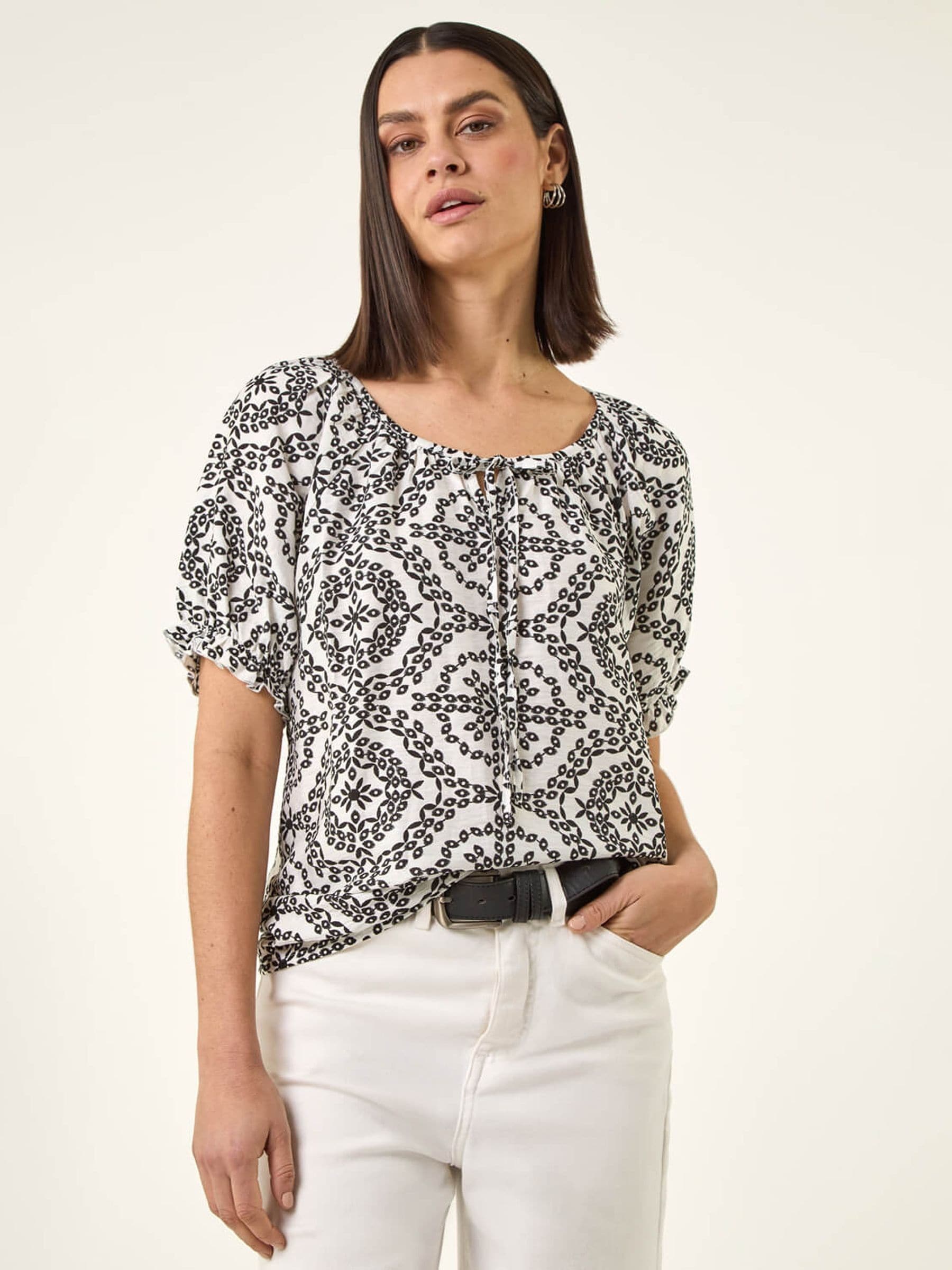 Buy Roman Black Mono Printed Tie Neck Top from Next Romania
