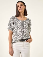 Roman Black Mono Printed Tie Neck Top - Image 4 of 5
