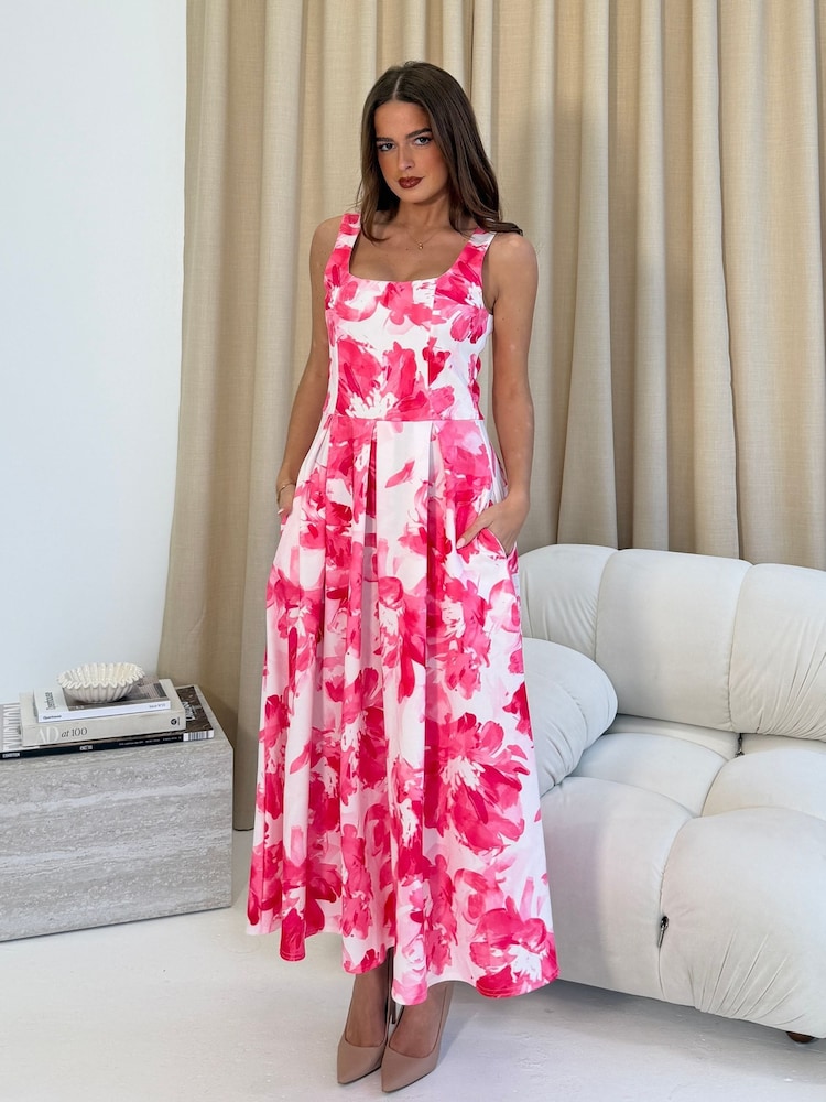 Girl In Mind Erica Square Neck Pleated Midi Dress - Imaginea 1 din 5