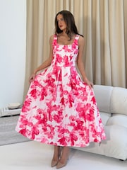 Girl In Mind Erica Square Neck Pleated Midi Dress - Imaginea 3 din 5