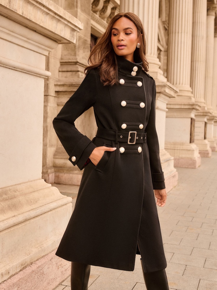 Love & Roses Black Petite Funnel Neck Military Faux Wool Coat - Image 1 of 4 Love & Roses Black Petite Funnel Neck Military Faux Wool Coat - Image 1 of 4