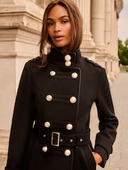 Love & Roses Black Petite Funnel Neck Military Faux Wool Coat - Image 2 of 4