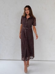 Girl In Mind Brown Tansy Short Sleeve Lace Shirt Dress - Image 1 of 6