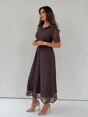 Girl In Mind Brown Tansy Short Sleeve Lace Shirt Dress - Image 2 of 6