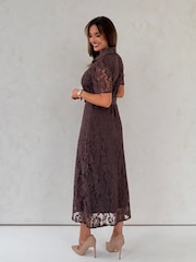 Girl In Mind Brown Tansy Short Sleeve Lace Shirt Dress - Image 3 of 6