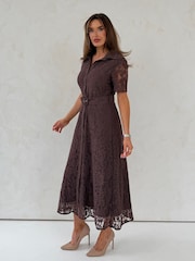 Girl In Mind Brown Tansy Short Sleeve Lace Shirt Dress - Image 4 of 6
