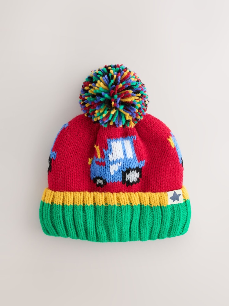 Red Colourful Tractor Embroidered Pom Beanie (3mths-16yrs) - Image 1 of 3 Red Colourful Tractor Embroidered Pom Beanie (3mths-16yrs) - Image 1 of 3