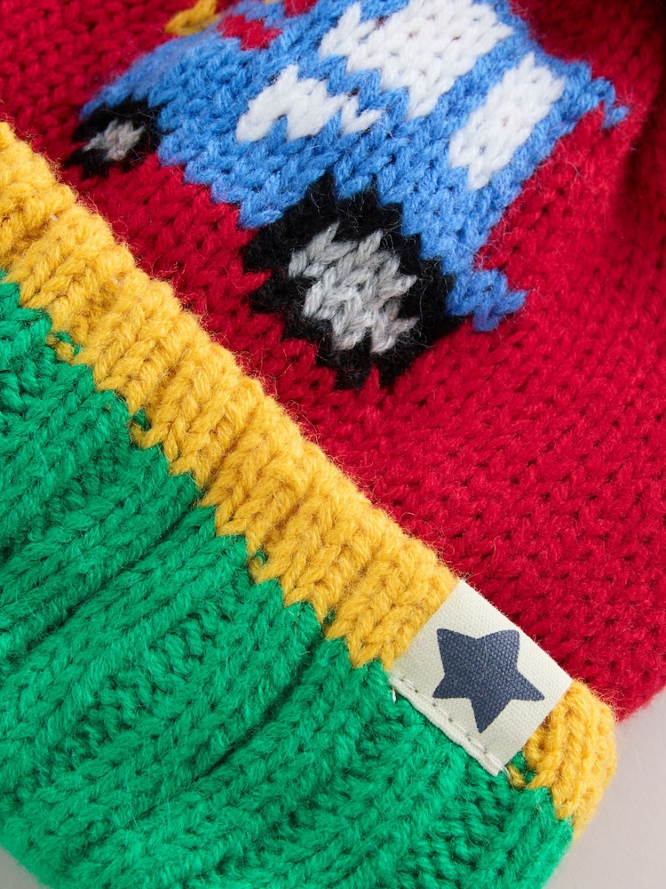 Red Colourful Tractor Embroidered Pom Beanie (3mths-16yrs) - Image 3 of 3 Red Colourful Tractor Embroidered Pom Beanie (3mths-16yrs) - Image 3 of 3