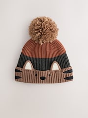 Brown/Orange Tiger Character Embroidered Pom Beanie (3mths-16yrs) - Image 1 of 3