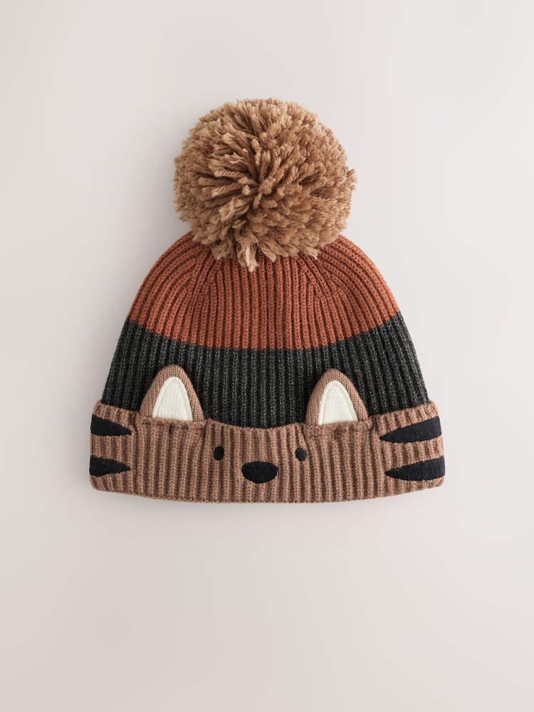 Brown/Orange Tiger Character Embroidered Pom Beanie (3mths-16yrs) - Image 1 of 3 Brown/Orange Tiger Character Embroidered Pom Beanie (3mths-16yrs) - Image 1 of 3