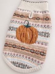 Ecru/Brown Multi Fairisle Autumnal Fairisle Pumpkin Knitted Pet Jumper - Image 6 of 7