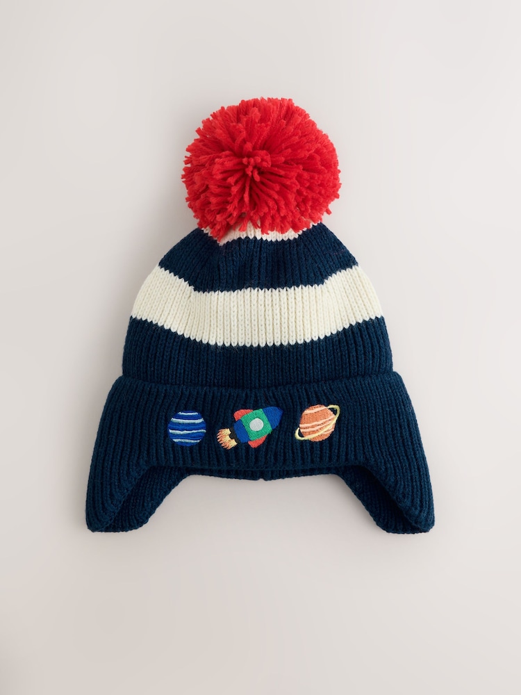 Navy/Stripe/Space Embroidered Pom Beanie (3mths-16yrs) - Image 1 of 3 Navy/Stripe/Space Embroidered Pom Beanie (3mths-16yrs) - Image 1 of 3