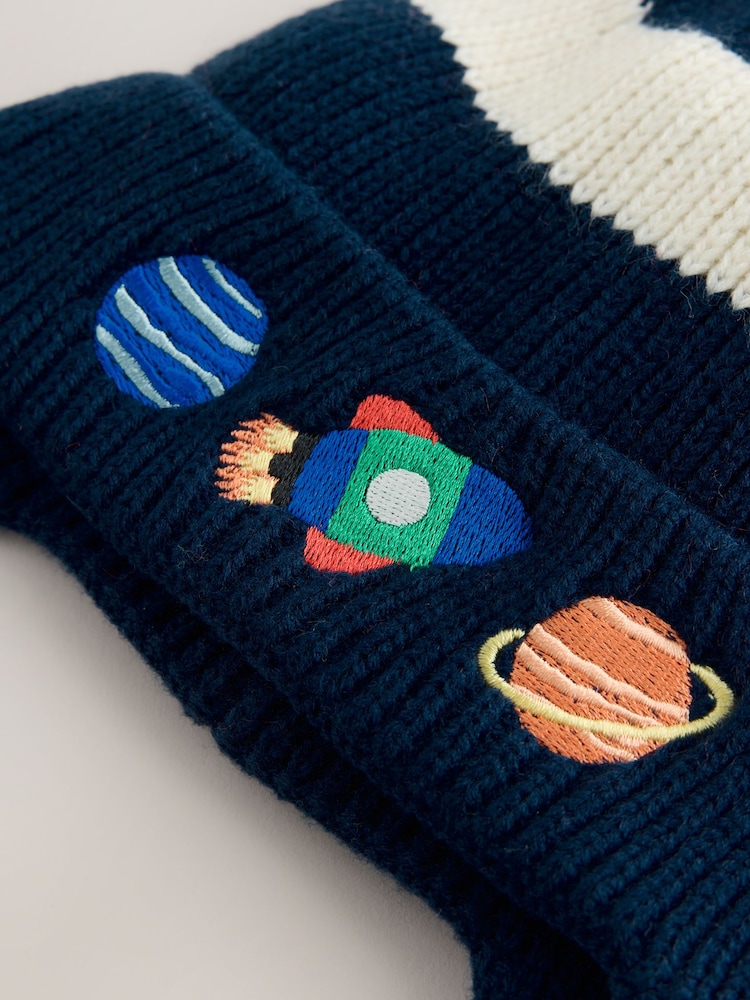 Navy/Stripe/Space Embroidered Pom Beanie (3mths-16yrs) - Image 2 of 3 Navy/Stripe/Space Embroidered Pom Beanie (3mths-16yrs) - Image 2 of 3