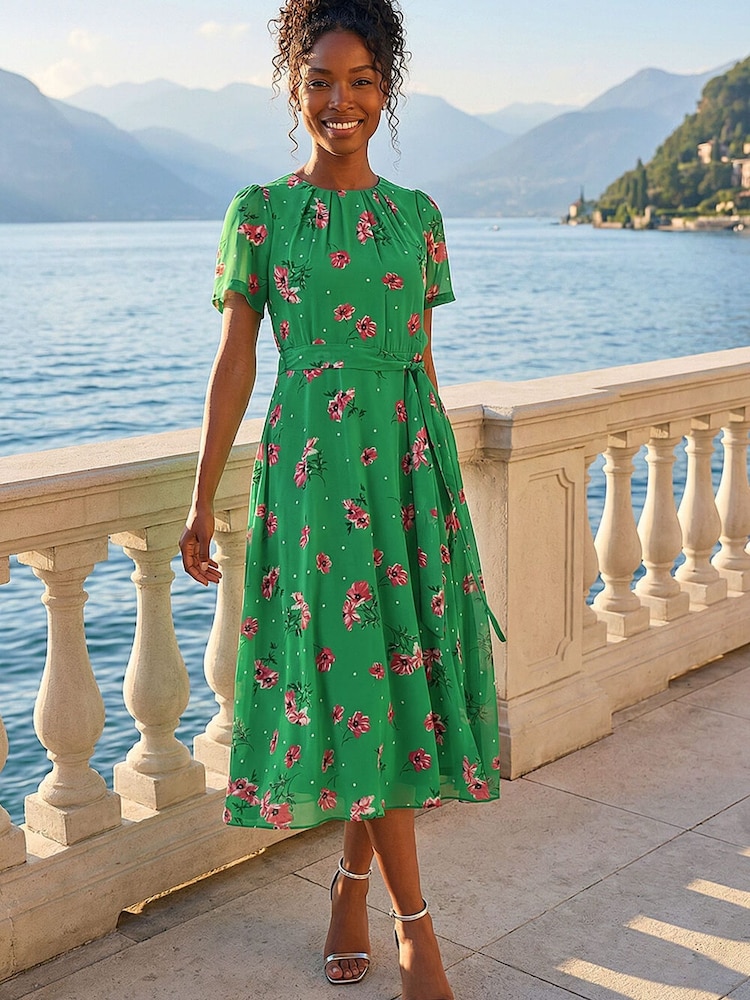 Roman Green Floral Chiffon Pleated Dress - Image 1 of 5 Roman Green Floral Chiffon Pleated Dress - Image 1 of 5