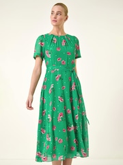 Roman Green Floral Chiffon Pleated Dress - Image 2 of 5
