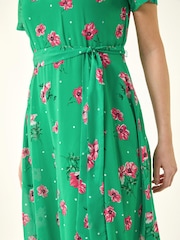 Roman Green Floral Chiffon Pleated Dress - Image 5 of 5