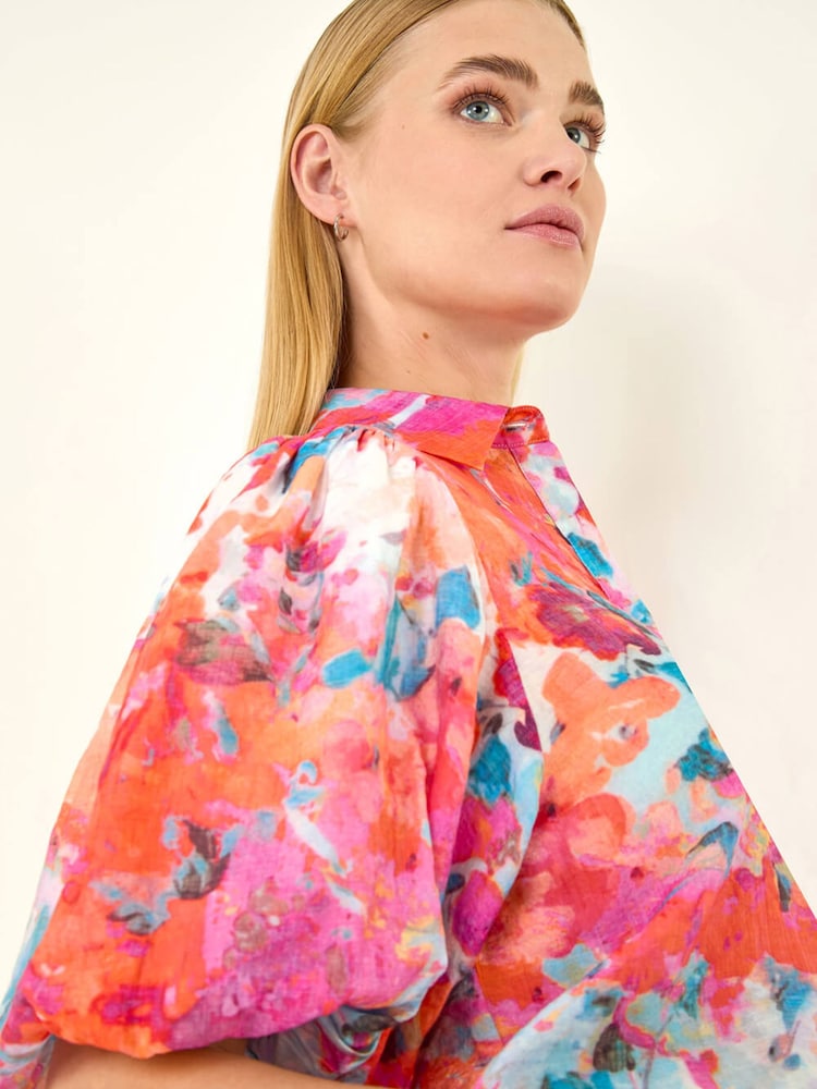 Roman Orange Abstract Print Buttoned Blouse - Image 1 of 5