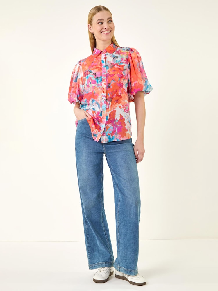 Roman Orange Abstract Print Buttoned Blouse - Image 2 of 5