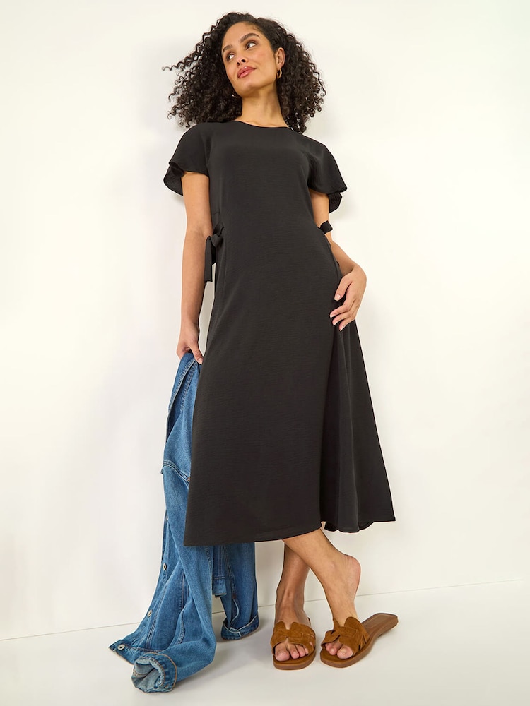 Roman Black Side Tie Detail Midi Dress - Image 1 of 5 Roman Black Side Tie Detail Midi Dress - Image 1 of 5