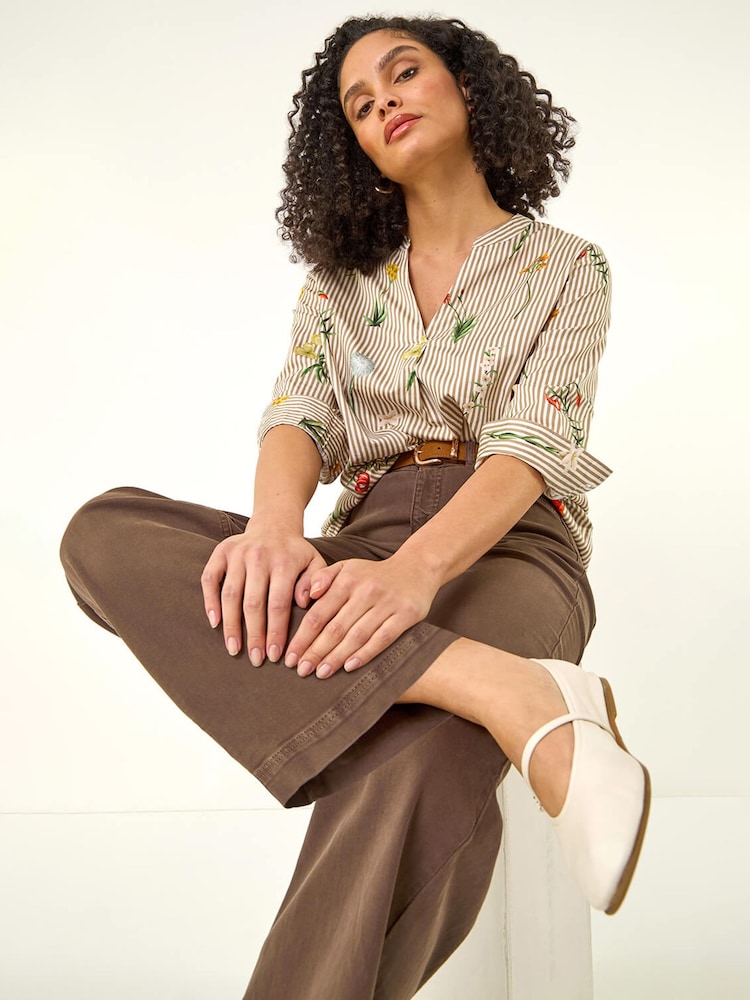 Roman Brown Floral Stripe Pleated Top - Image 1 of 5