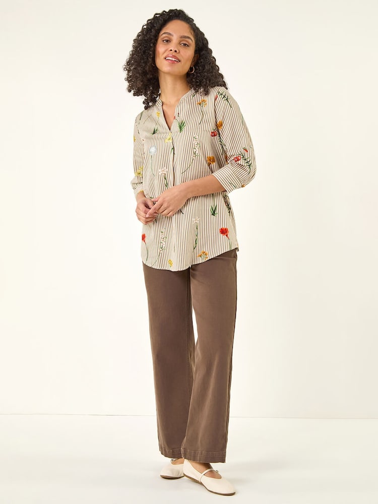 Roman Brown Floral Stripe Pleated Top - Image 2 of 5