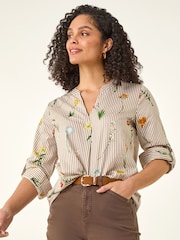 Roman Brown Floral Stripe Pleated Top - Image 4 of 5
