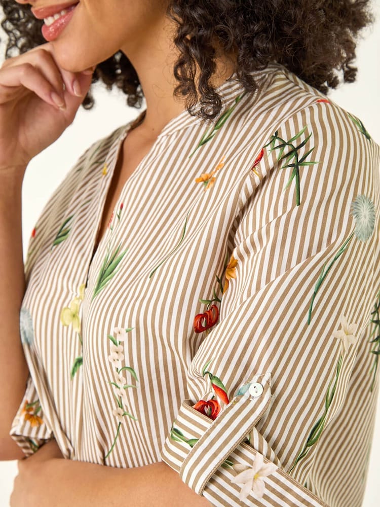 Roman Brown Floral Stripe Pleated Top - Image 5 of 5